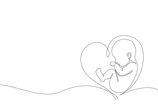 Embryo in mother's womb, one line drawing. Cute unborn fetus in heart, love. Embryo in mother's womb, one continuous line drawing. Healthy pregnancy and premature birth symbol.