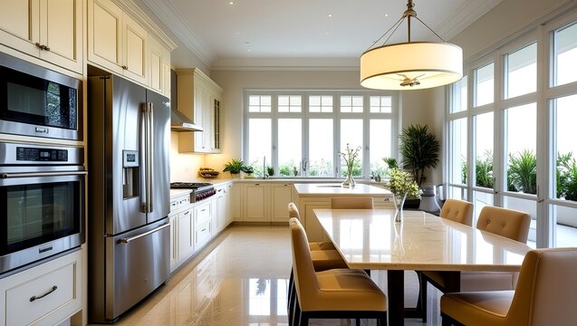A new luxury home's traditional kitchen features a farmhouse sink, hardwood floors, wood beams, a huge island, and quartz counters