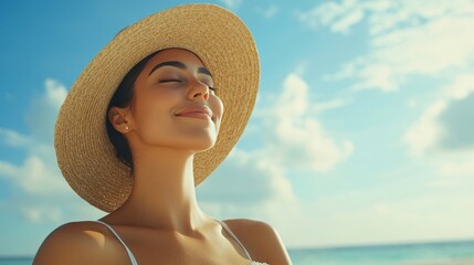 Summer beach vacation concept, happy woman with hat relaxing at the seaside and looking away