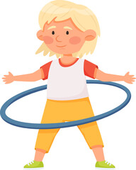 Obraz premium Happy blond child rotating blue hula hoop around waist, exercising and having fun, promoting active lifestyle and physical activity for children