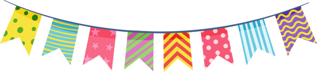 Fototapeta premium Vibrant pennants with various patterns and colors hanging on a string, creating a cheerful and festive atmosphere perfect for celebrations, parties, and joyful occasions