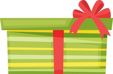Festive green and yellow striped gift box, beautifully adorned with a vibrant red ribbon and bow, radiates celebration and anticipation, perfect for special occasions and joyful surprises