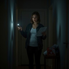 Woman Holding Flashlight and Emergency Phone List While Standing Beside First Aid Kit in Dimly Lit Hallway during Storm