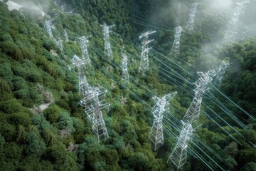 Aerial view of electric grid towers crossing lush forest, with digital overlay showing carbon emission tracking.