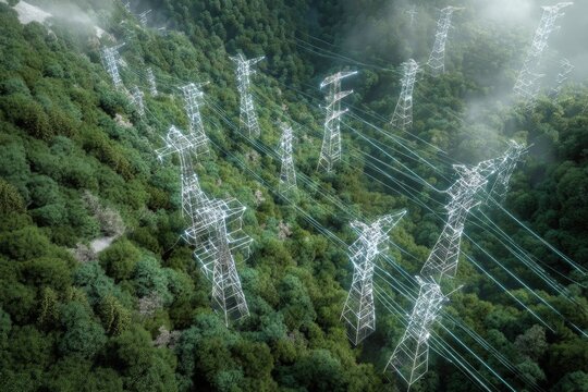 Aerial view of electric grid towers crossing lush forest, with digital overlay showing carbon emission tracking.