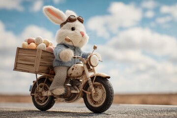 Rustic Easter bunny riding a vintage motorcycle, carrying a wooden crate filled with decorated eggs on a countryside road