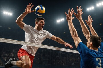 Full-body shot of male volleyball player spiking ball with open hand above net during intense match. Concept of summer sport, energy, competition, teamwork, athletic emotion.