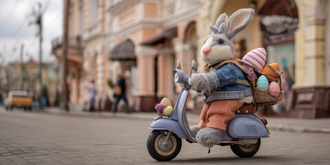 Happy Easter bunny riding a scooter on a spring street, carrying a backpack filled with colorful eggs