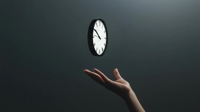 Female professional hand forcefully hurling vintage analog clock against shadowy backdrop, representing workplace stress, time management challenges, breaking free from temporal constraints