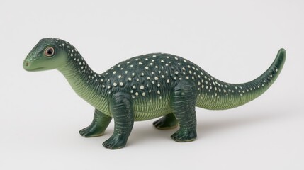 Obraz premium Adorable green dinosaur toy with white spots on neutral backdrop