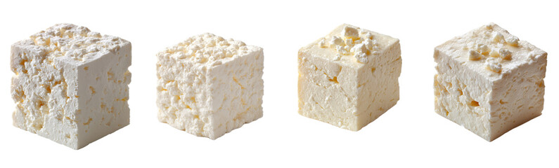 Four blocks of fresh cheese are displayed. Dairy food, feta, protein, diet, healthy, fresh, cube, white, block, ingredient, dairy, greek, gourmet
