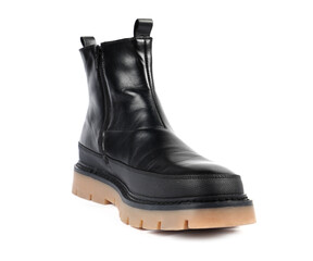 One stylish black boot on white background