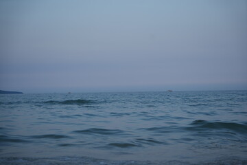 Obraz premium Calm sea at dawn with soft pastel blue and pink tones. Gentle waves approaching the shore under a peaceful, minimalistic horizon.