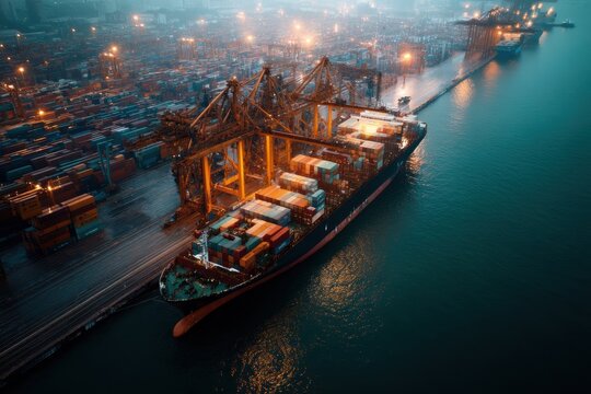 Aerial view of large container ship stuck at congested port, cranes idle, twilight lighting.