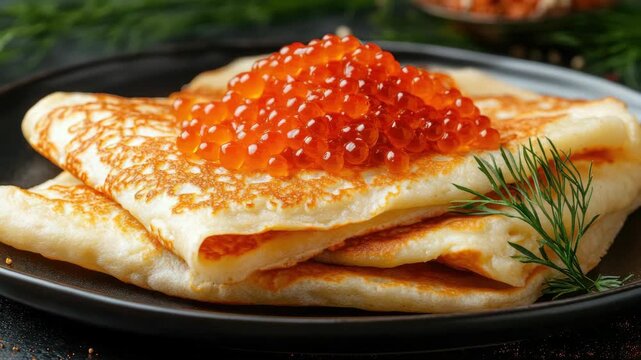 A stack of flatbread with red herring roe as a garnish.