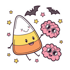 Fototapeta premium Cartoon halloween illustration with candy corn brains bats and stars