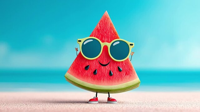 smiling watermelon slice wearing sunglasses cheerful, sunny beach backdrop with vibrant pops of color. 