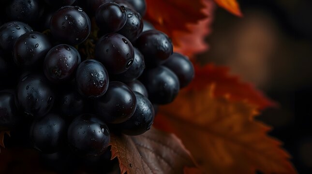A dramatic, cinematic close-up dark purple grapes, water droplets visible, arranged with their leaves. Warm autumn colors dominate. - Powered by Adobe
