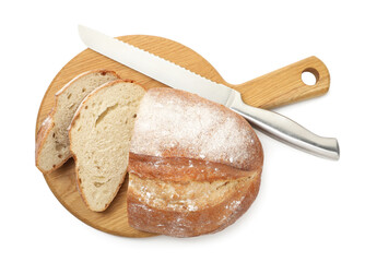 Pieces of fresh bread and knife isolated on white, top view