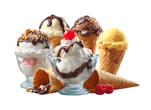 various types of ice cream in different containers and cones isolated on a transparent background