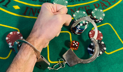 hands in handcuffs holding playing chips on a colored background