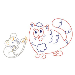 funny friendship, fat cute cat and funny mouse with piece of cheese, color outline
