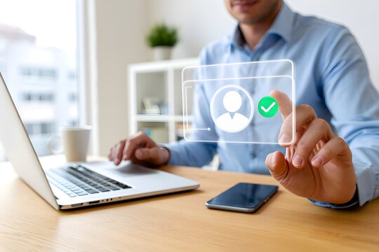 Know your customer (KYC) concept. Businessman use laptop with identity verification symbol for Increase financial security and access personal financial data. Biometrics security.