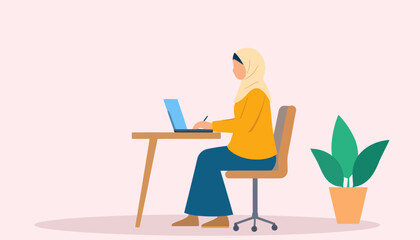 Muslim woman in a hijab and modern attire working on a laptop at a desk. Side profile flat vector illustration of a female professional or student.