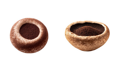 Two mushroom caps are filled with dark brown substance. Fungi, spores, edible, ingredient, cooking, food, nature, plant, earthy, organic, delicious.