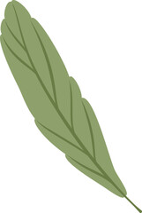 Minimalist illustration of a single green leaf with a prominent central vein and jagged edges, falling diagonally against a white background, creating a simple yet elegant natural element