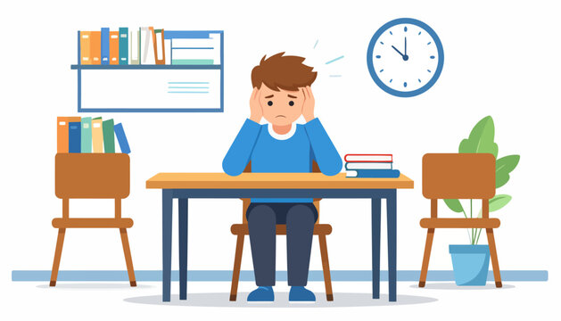 Stressed cartoon student with brown hair holding his head in despair while studying at a desk.