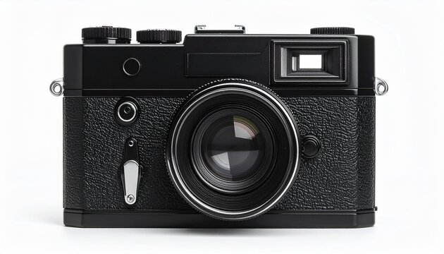 A black vintage rangefinder camera is displayed against a clean white background, showcasing its classic design.