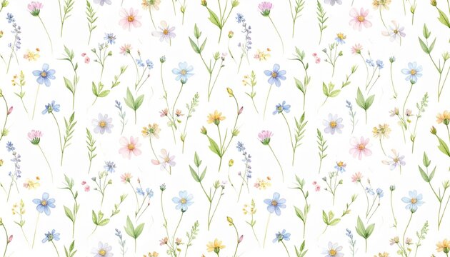 Delicate watercolor floral pattern featuring an array of wildflowers in pastel hues scattered across a white background.