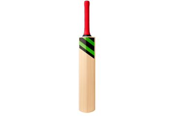 Professional Wooden Cricket Bat with Red Grip and Modern Green Black Design Isolated on Transparent Background