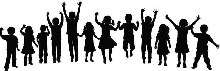 Happy children jumping in silhouette, joyful kids playing together at sunset, fun youth waving hands, group friendship celebration, energetic motion outdoors