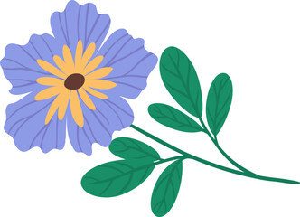 Purple flower with orange center and green leaves growing on a thin green stem, simple vector illustration isolated over white for floral designs