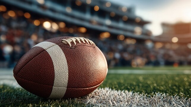 Close-up of an American football on green turf with a blurred stadium in the background, captured during golden hour. Warm lighting adds a dramatic and atmospheric sports mood.