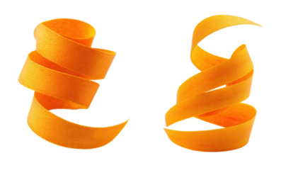 Orange peel spirals on white, food presentation. Vegetable garnish, creative cooking, culinary art, modern cuisine, healthy eating, decorative ingredient.