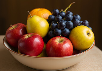 Fresh fruit assortment in a decorative bowl against dark background