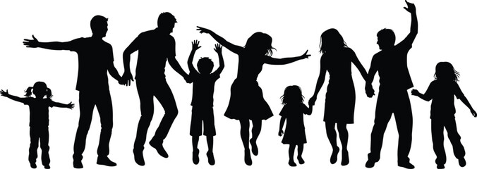 Joyful family celebration silhouette, black and white group jumping in happiness, unity, children and adults, togetherness, fun moment, festive expression