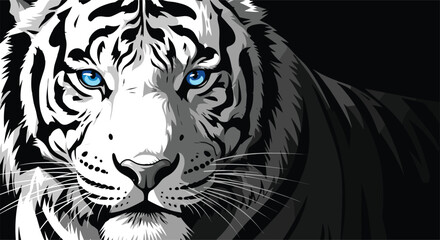 Majestic white tiger with blue eyes, fierce animal portrait, black and white vector art, wildlife theme, nature-inspired design