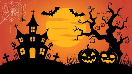 Spooky halloween scene with haunted house jack o lanterns bats and a large full moon
