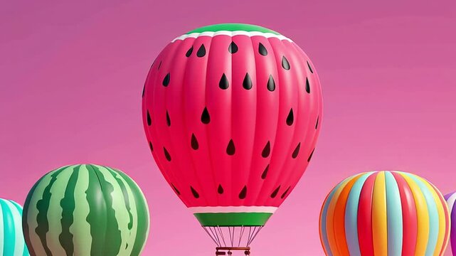 Watermelon-shaped hot air balloons flying over a pastel pink sky whimsical celebration, soft textures. 