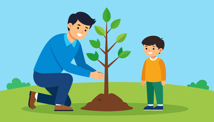 Fototapeta premium Smiling father in a blue sweater and son in an orange shirt planting a young green sapling.