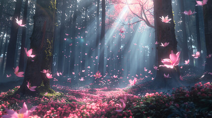 Enchanted Forest with Pink Flowers and Sunlight Beams