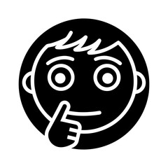 Thinking face emoji with finger on lips icon in black and white vector illustration