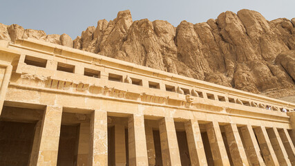 Detail of the famous mortuary temple of Queen Hatshepsut, Luxor, Egypt. Colonnade with hieroglyphic...