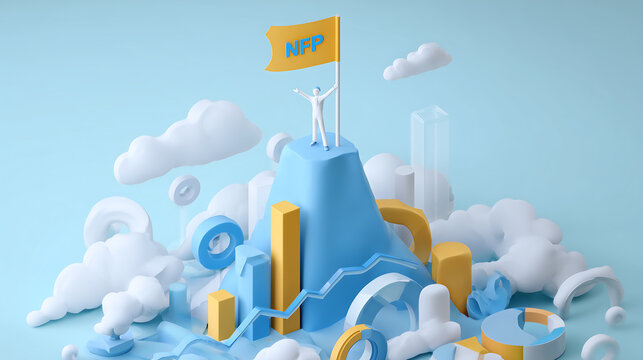 Illustration of a stylized mountain with a figure on top and a flag with nfp written on it