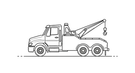 Naklejka premium Outline drawing of a heavy-duty tow truck with a crane and hook. Automobile transport and vehicle recovery service concept.