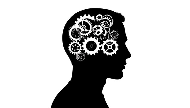 Silhouette of a head with gears, conveying complex thought processes